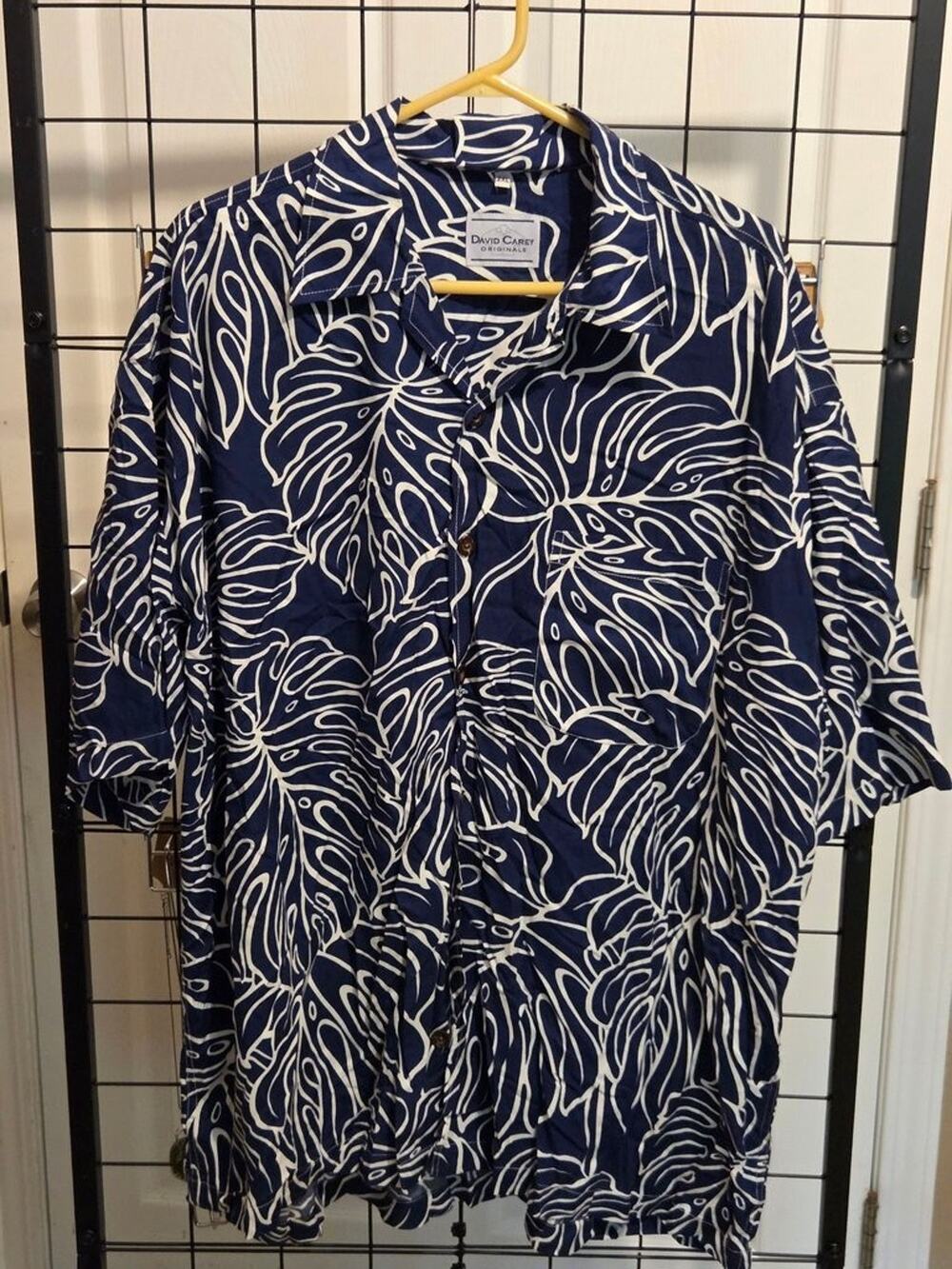 David Carey Originals Navy Leaf Print Hawaiian Shirt 2XL